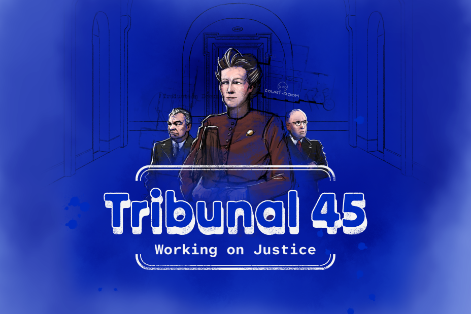 Bild © Memorium Nürnberger Prozesse Grafik: eine Frau im Vordergrund, zwei Männer im Hintergrund mit dem Schriftzug Tribunal 45. Working on Justice., Bild © Memorium Nürnberger Prozesse