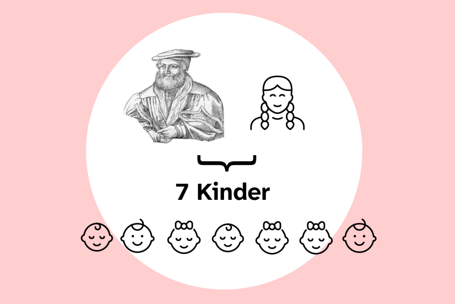 Grafik: Hans Sachs und symbolische Darstellung der Köpfe einer Frau und von sieben Kinder. Dazwischen: Schriftzug 7 Kinder., Bild © Stadtgrafik / Elisabeth Dötzer unter Verwendung der Vorlage A 7/I Nr. 2499, Stadtarchiv Nürnberg (Ausschnitt)