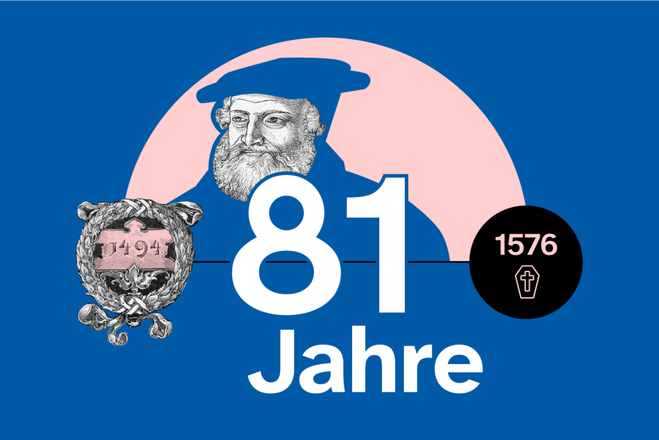 Grafik: Porträt von Hans Sachs: Darunter: Schriftzug 81 Jahre, geboren 1494, gestorben 1576., Bild © Stadtgrafik / Elisabeth Dötzer unter Verwendung der Vorlage A 7/I Nr. 2499, Stadtarchiv Nürnberg (Ausschnitt)