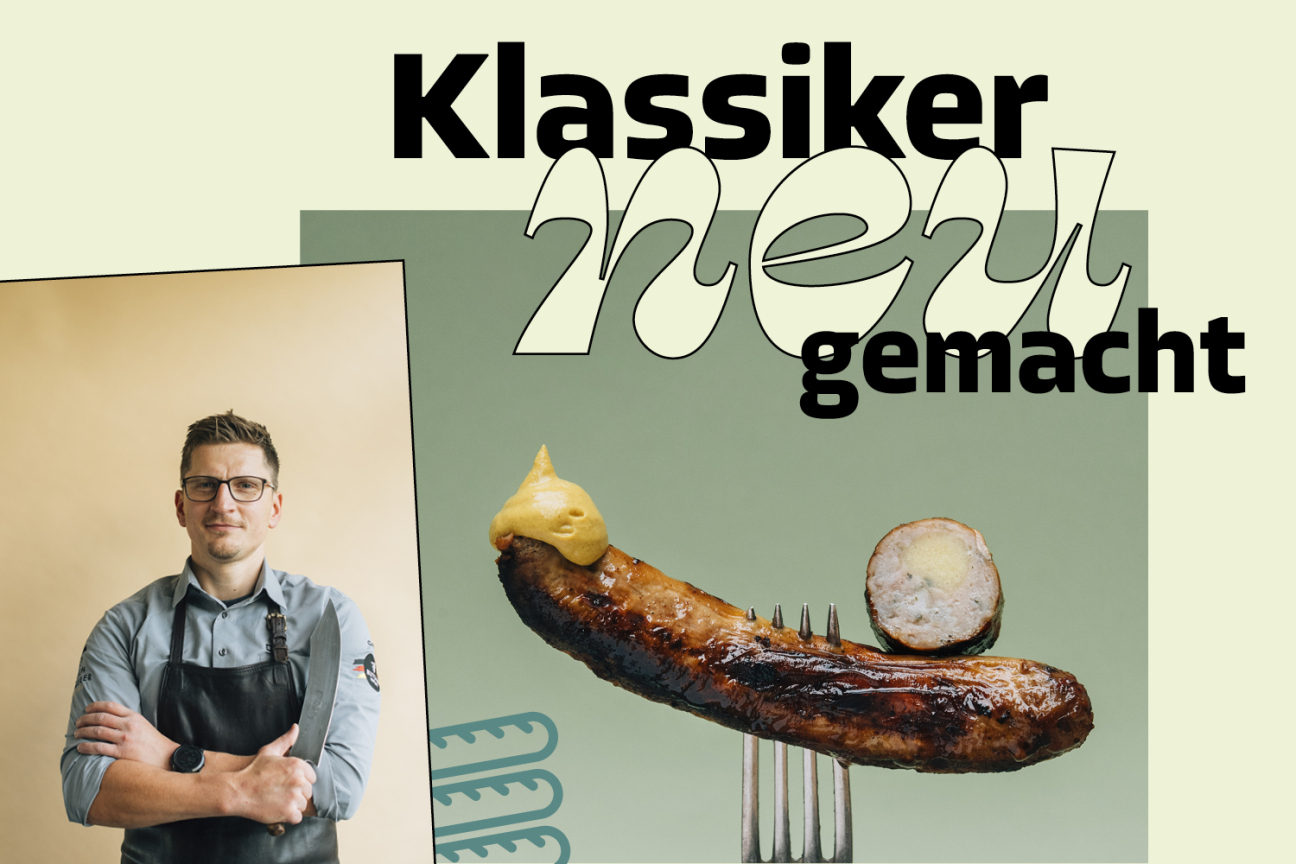 Bild © Katharina Pflug / Stadt Nürnberg Metzgermeister Dirk Freyberger mit Bratwurst auf Gabel, Bild © Katharina Pflug / Stadt Nürnberg