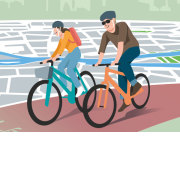Nürnberg Heute Ausgabe 113 - Mobilität mit dem Rad: Ab aufs Rad. Grafik mit zwei Fahrradfahrern auf einem Fahrradweg.