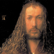 Dürers Selbstporträt: Er trägt schulterlange Locken und einen Bart und scheint den Betrachter anzusehen.