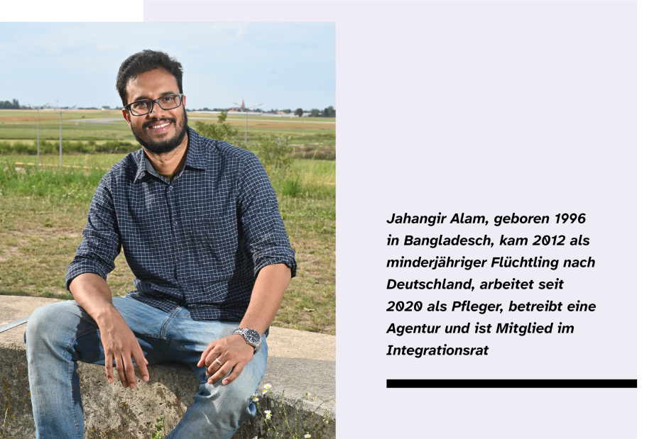 Jahangir Alam kam 2012 als minderjähriger Flüchtling nach Deutschland, arbeitet seit 2020 als Pfleger, betreibt eine Agentur und ist Mitglied im Integrationsrat.