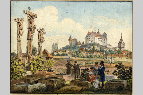 Federzeichnung, die den Johannisfriedhof im 19. Jahrhundert zeigt.
