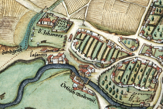 Ausschnitt aus einer historischen Karte, die den Johannisfriedhof zeigt.