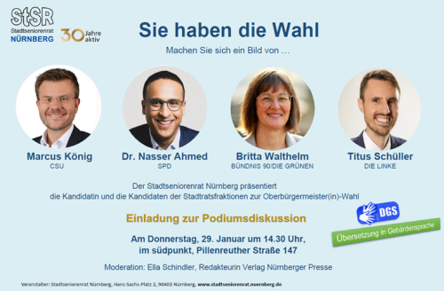 Einladung des Stadtseniorenrats zur Podiumsdiskussion mit OB-Kandidierenden am 29. Januar © Dierenbach, Bayer / Stadt Nürnberg