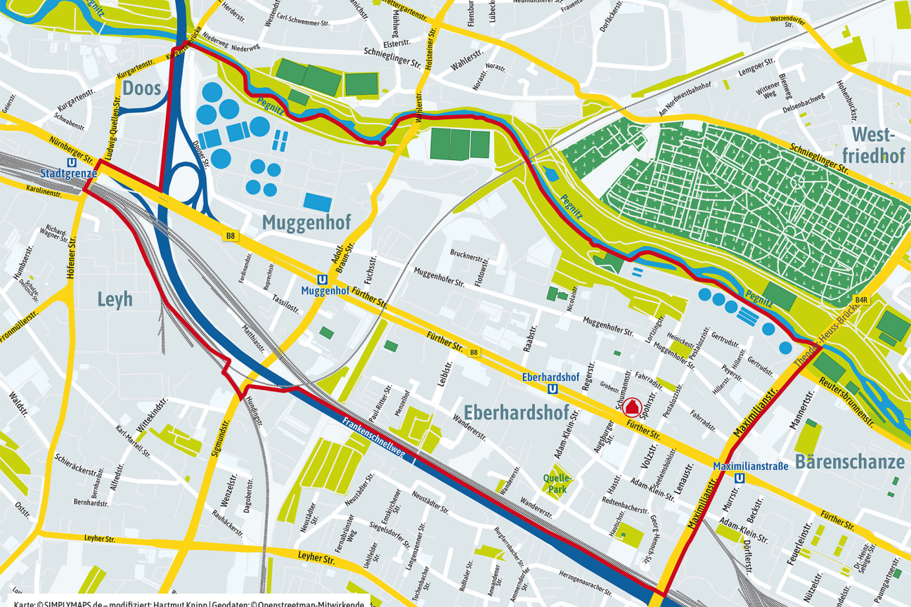kartenausschnitt_muggenhof_eberhardshof.indd, Bild © SIMPLYMAPS.de - modifiziert: Knipp; Geodaten: Openstreetmap-Mitwirkende