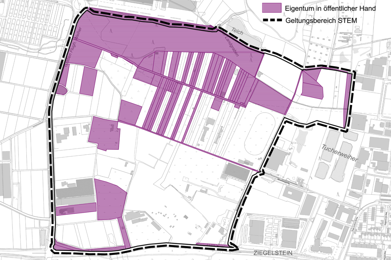 städtisches Eigentum im STEM Gebiet, Bild © Stadtplanungsamt Nürnberg; Geobasisdaten © Bayerische Vermessungsverwaltung / Stadt Nürnberg