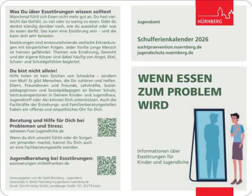 Schulferienkalender 2026 mit Jugendschutzgesetz und Thema „Wenn Essen zum Problem wird“. Informationen und Anlaufstellen für Kinder und Jugendliche zum Thema „Essstörungen“