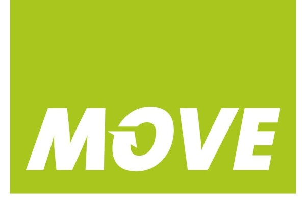 Schriftzug MOVE in grünem Kasten mit eingeklappter roten Ecke