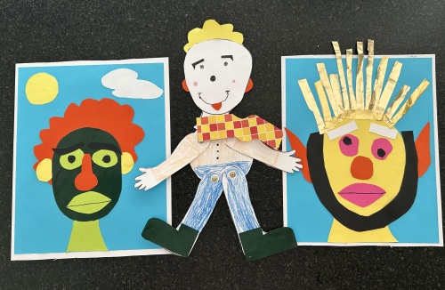 Drei Basteleien, zwei Collagen von Gesichtern und ein Hampelmann © L. Lehmann