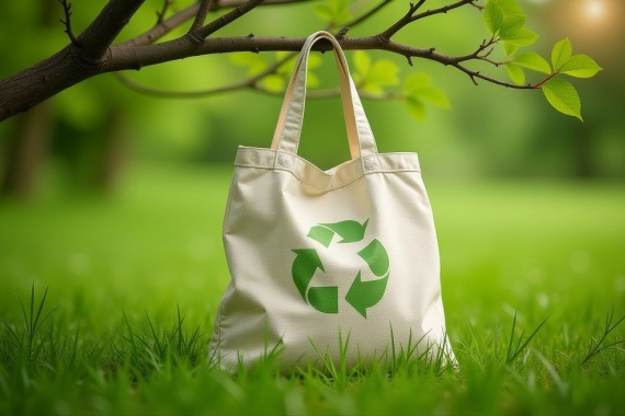 A reusable tote bag featuring a recycling symbol lies on vibrant green grass beneath a tree, symbolizing environmental awareness and sustainability on a bright, sunny day.