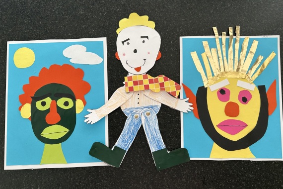 Drei Basteleien, zwei Collagen von Gesichtern und ein Hampelmann