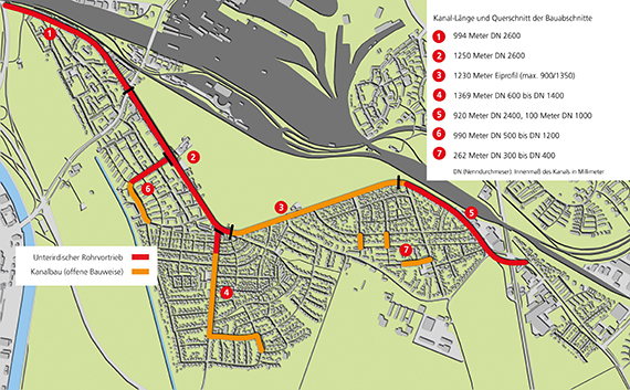 Kanalsanierung Siedlungen Süd, Lageplan der Bauabschnitte