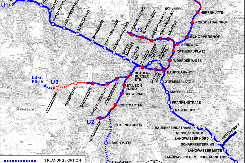Es ist das U-Bahnnetz in Nürnberg zum Stand 2026 zu sehen.