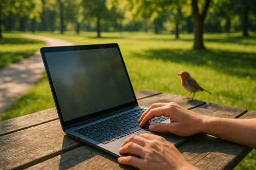 Szene im Park mit Laptop und Vogel © KI-generiert