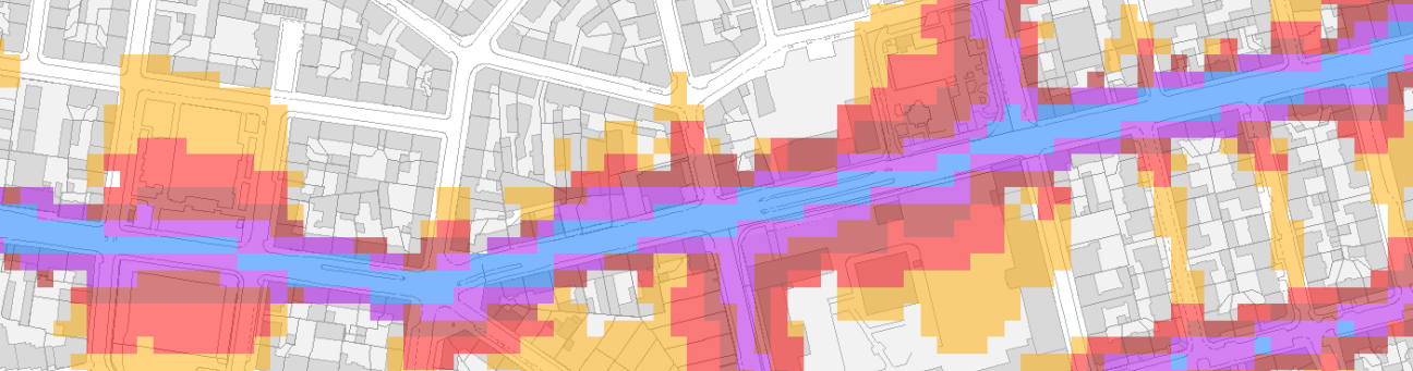 Ausschnitt Lärmkarte, Bild © Möhler+Partner / Bayerisches Landesamt für Umwelt / Geobasisdaten © Bayerische Vermessungsverwaltung
