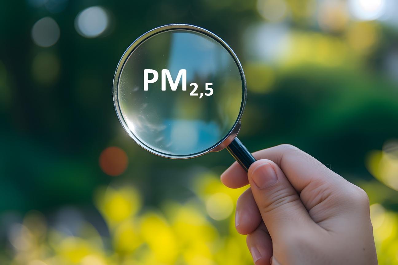 Symbolbild für Untersuchungen zu Feinstaub PM 2,5; Hand mit Lupe, auf der PM 2,5 zu lesen ist, vor naturgrünem Hintergrund