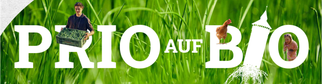 Bildmontage mit einem Landwirt, einem Kind und einem Huhn mit dem Schriftzug Prio auf Bio, Bild © Gerhard Illig / Umweltreferat Stadt Nürnberg