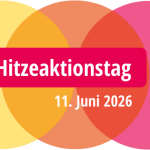 Das Logo des Hitzeaktionstags 2026 zeigt drei Kreise. Von links nach rechts ist die Farbe gelb, orange, pink. Am rechten Bildrand ist ein Thermometer abgebildet.