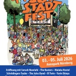 Das Bild zeigt das bunte Miteinander des Südstadtfestes. Das Motto lautet Zusammenleben - Miteinander feiern. Auf dem Bild sind die einige der auftretenden Künstler*innen aufgezählt.