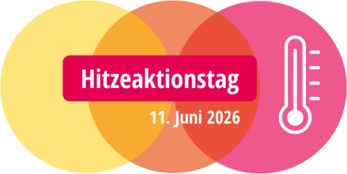 Das Logo des Hitzeaktionstags 2026 zeigt drei Kreise. Von links nach rechts ist die Farbe gelb, orange, pink. Am rechten Bildrand ist ein Thermometer abgebildet. © KLUG – Deutsche Allianz Klimawandel und Gesundheit e.V.