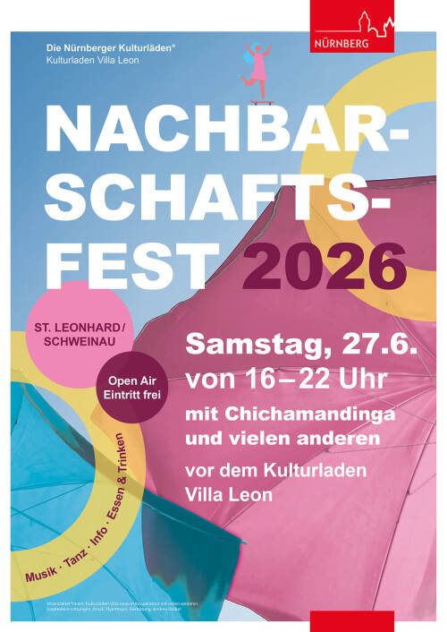 Das Bild stellt das Programm des Nachbarschaftsfestes in der Villa Leon vor. Es sind zwei Sonnenschirme zu sehen, die Richtung blauem Himmel zeigen.