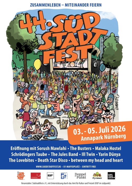 Das Bild zeigt das bunte Miteinander des Südstadtfestes. Das Motto lautet Zusammenleben - Miteinander feiern. Auf dem Bild sind die einige der auftretenden Künstler*innen aufgezählt.