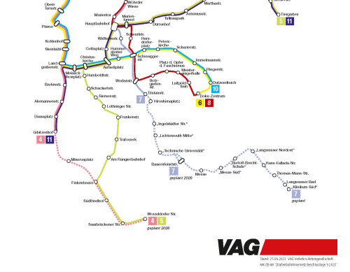 Straßenbahnliniennetz - Ausbau Beschlusslage September 2023 © VAG Verkehrs-Aktiengesellschaft / Stand September 2023
