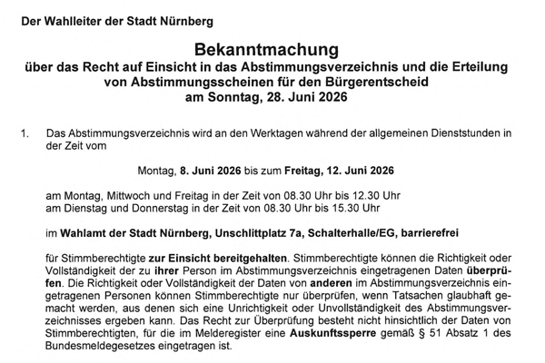 Teasergrafik zur ersten Bekanntmachung zum Bürgerentscheid 2026