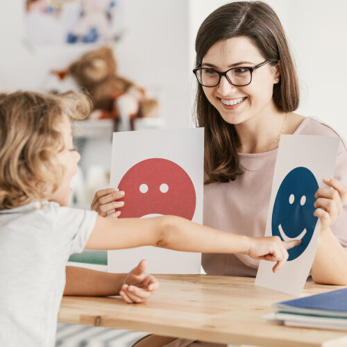 Emotion emoticons used by a psychologist during a therapy session with a child with an autism spectrum disorder.