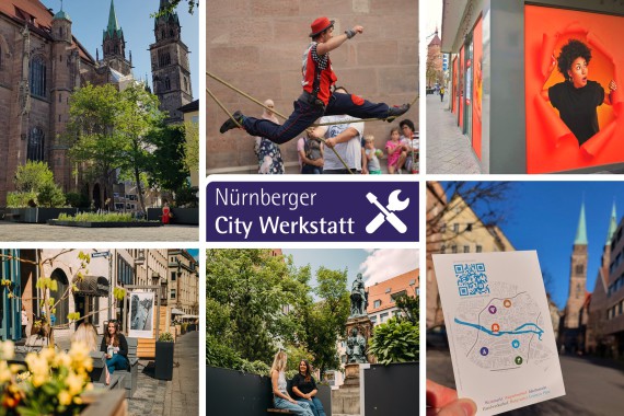 Eine Fotocollage zeigt Projekte der Nürnberger City Werkstatt: Pop-Up-Shops, Straßenfestival, mobile Grünparks und die digitalen Quartiere.