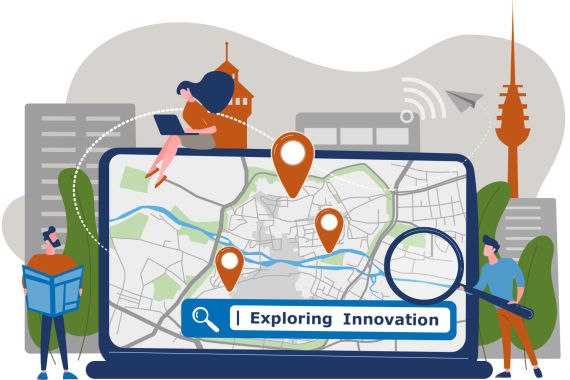 Sie sehen eine Stadtkarte von Nürnberg mit der Suche nach "Exploring Innovation".