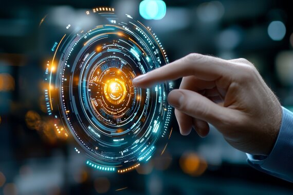 Futuristische Interaktionstechnologie in High‑Tech‑Büroumgebung mit digitalen Displays zur Darstellung digitaler Innovation und Nutzererfahrung