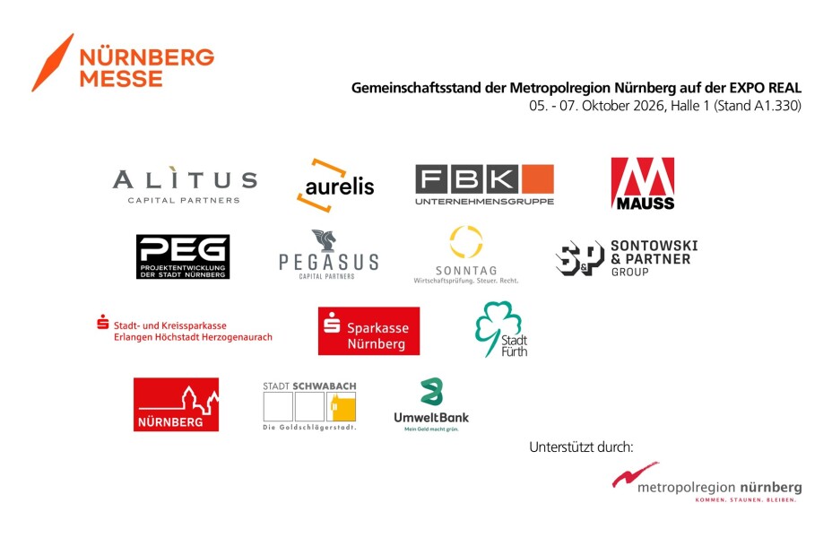 EXPO REAL Logoteppich Aussteller am Gemeinschaftsstand der Europäischen Metropolregion Nürnberg 2026, Bild © Stadt Nürnberg