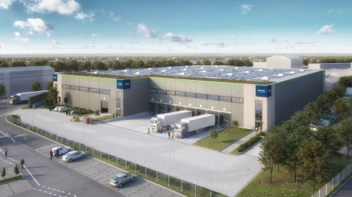 Es ist eine Luftaufnahme für das Gebäude, ein Neubau einer Logistikhalle in der Otto-Kraus-Straße 11 in Nürnberg abgebildet. © GARBE Industrial / HAGEDORN Revital