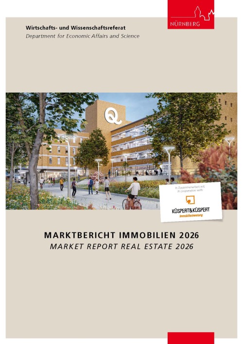 Das Cover des Marktberichts Immobilien Nürnberg 2026 zeigt ein gerendertes Bild von der Immobilie Quelle.