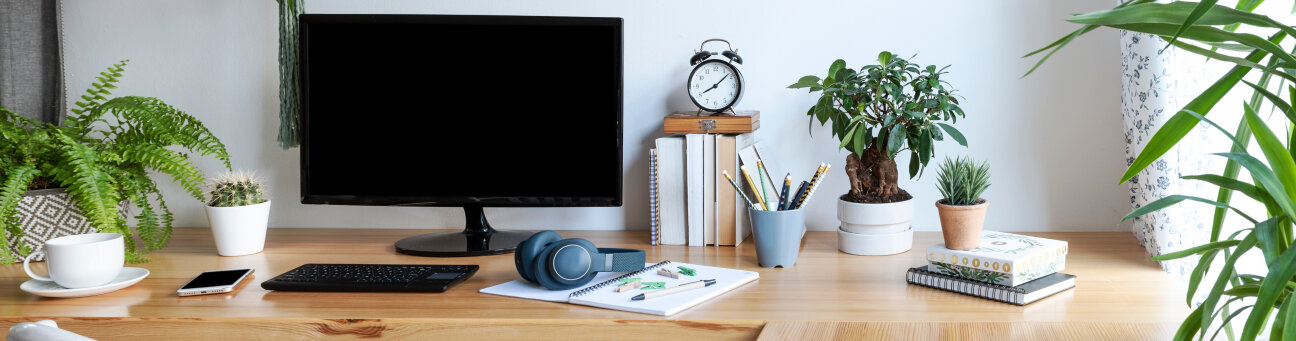 Schreibtisch mit Computer und Büromaterialien, Pflanzen etc.