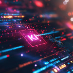 Illustration: leuchtende Datenströme, die Künstliche Intelligenz symbolisieren. In der Mitte die Buchstaben "KI".