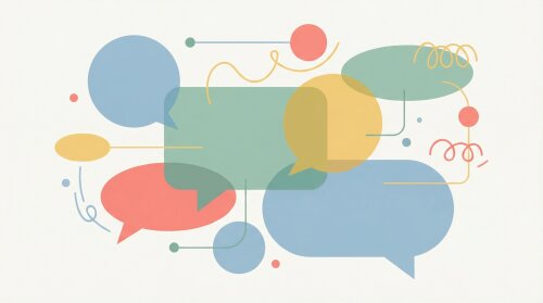Abstraktes Kommunikationsnetzwerk mit bunten Sprechblasen und Verbindungslinien