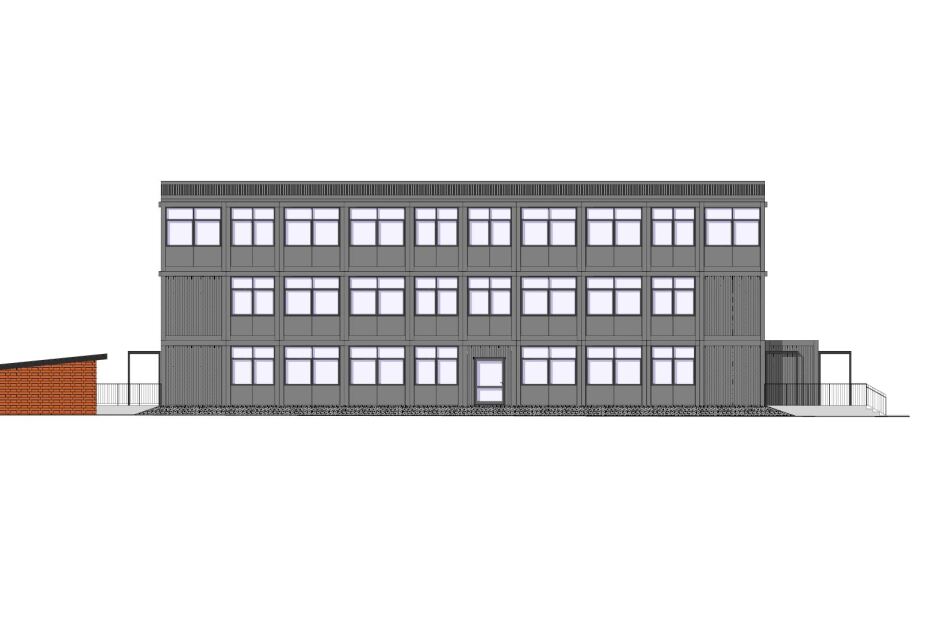 Visualisierung der Fassade des Interimsbaus der Carl-von-Ossietzy-Mittelschule., Bild © wbg Nürnberg GmbH