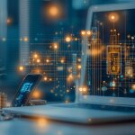 Laptop im Raum mit Pflanzen und digital gespickten Linien