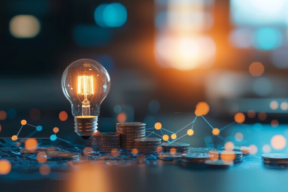 Glühbirne mit digitaler Vernetzung mit Geldmünzen