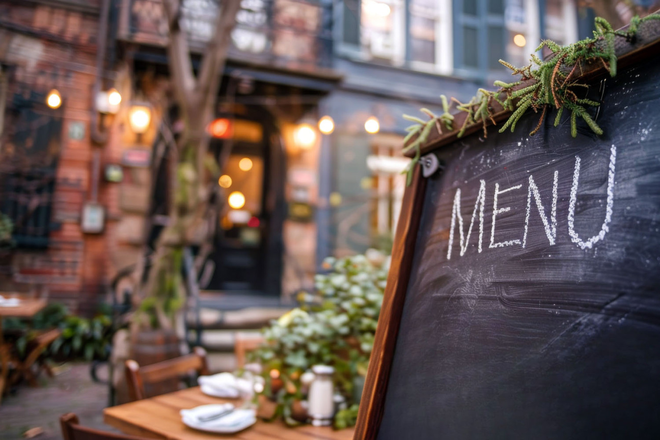 Menütafel vor einem Restaurant mit Außenbestuhlung., Bild © RGShirtWorks - Generiert mit KI / AdobeStock