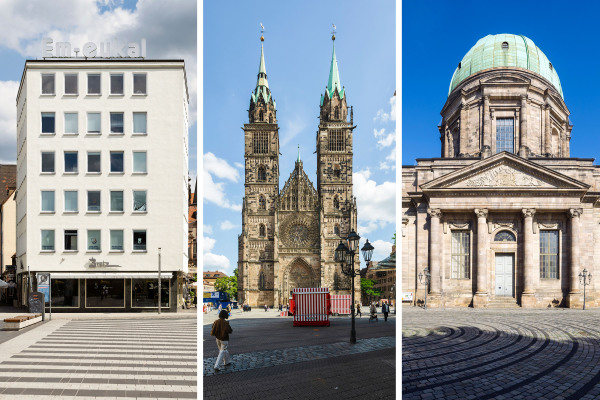 Collage mit den drei möglichen Orten für die Projektion der Blauen Nacht 2027: Em-eukal-Haus, Lorenzkirche und St. Elisabeth.