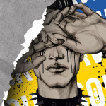Digitale Zeichnung eines weinenden Gesichts und Händen, die die Augen verbergen. Blau und Gelb im Hintergrund.