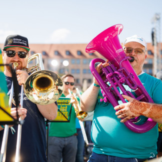 ( Bild: Peter Bongard / Peter Bongard / Deutscher Evangelischer Kirchentag ) Die Posaunenchöre des Kirchentags sorgten für beschwingte musikalische Untermalung.