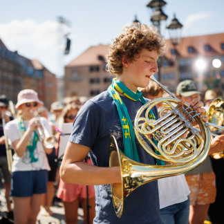 ( Bild: Peter Bongard / Peter Bongard / Deutscher Evangelischer Kirchentag ) Die Posaunenchöre des Kirchentags sorgten für beschwingte musikalische Untermalung.