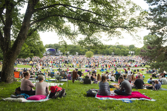 Besucher auf der Wiese beim Klassik Open Air im Luitpoldhain.