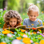 Drei glückliche Kinder lesen Bücher liegend auf einer Blumenwiese